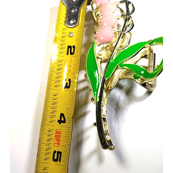 Hair Clip Barrette Snow Drop Flower Messy Hair Bun Pink Green Gold Tone Wedding - Picture 7 of 9